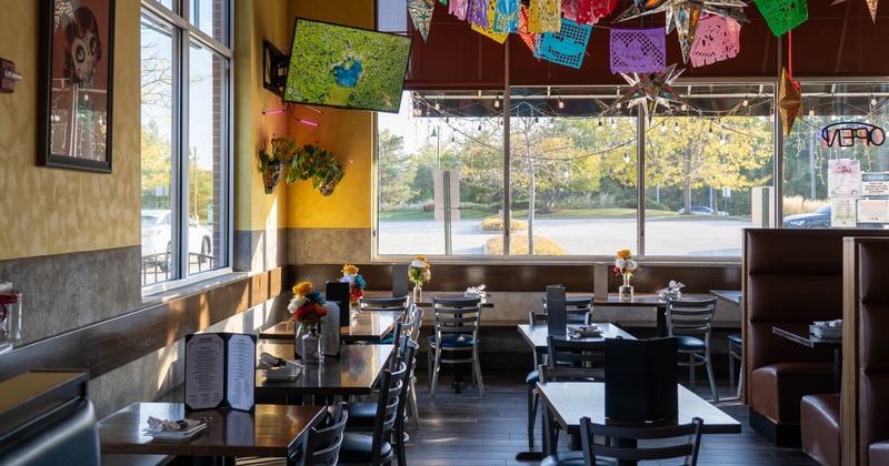 Interior, dining area with tables and chairs