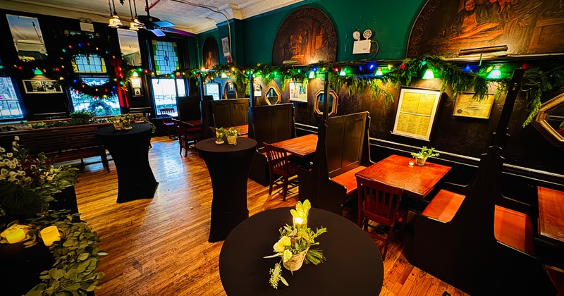 Decorated interior, tables and chairs