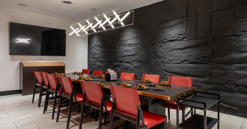 Restaurant dining area, grill tables
