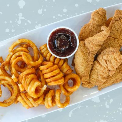 Chicken Tenders, with curly fries, and dipping sauce.