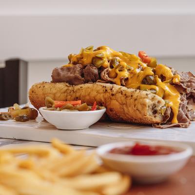 Italian beef sandwich, served on display.