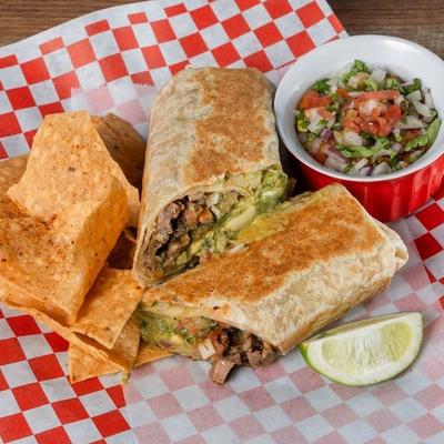 Burrito with chips and pico.