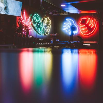 Interior, neon lights in  the seating area