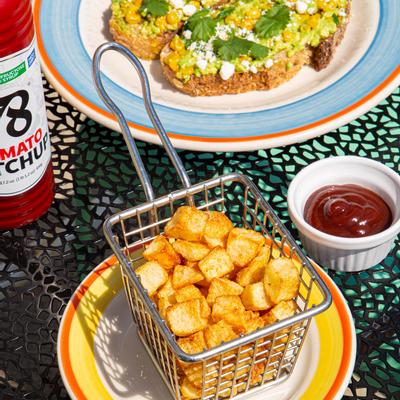 Baked potato, dip on the side