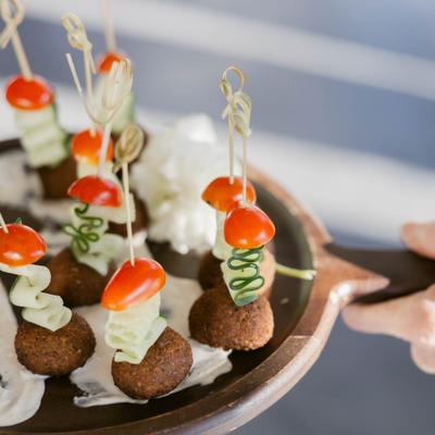 Falafel bites on a serving tray.