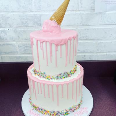 Two tier ice cream cone drip cake for a birthday.