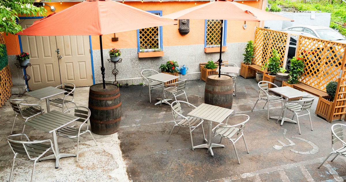 Exterior, chairs, tables and parasols