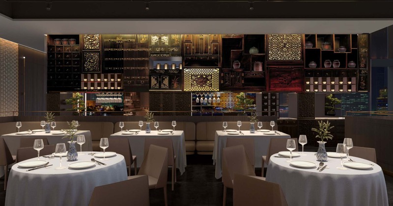 Restaurant interior, dining area with set tables