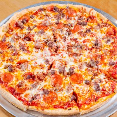 Meatlovers Pizza with pepperoni, ham, bacon, beef and sausage.
