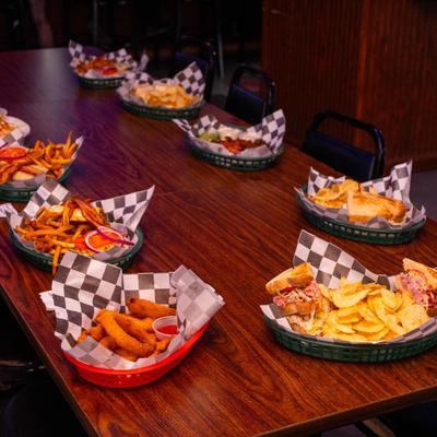 Various plated comfort food on a table.