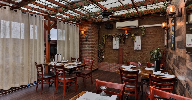 Dining area with decorations on the walls and ceiling