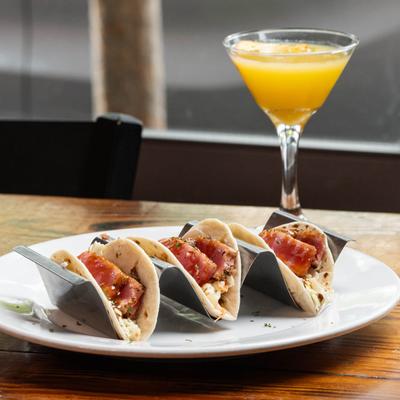Blackened Tuna Tacos and a cocktail.