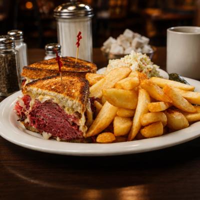 Reuben sandwich served potato wedges and coleslaw.