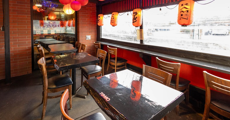 Interior, tables and chairs lined up