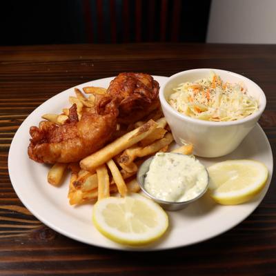 Fish and Chips , coleslaw and tarter sauce.