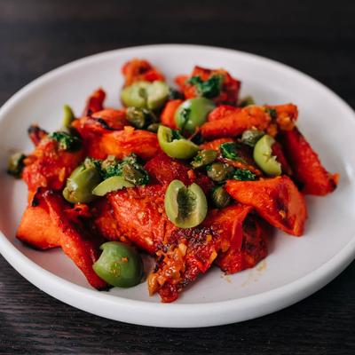 Roasted Carrots with Sweet Potato Romesco, Smoked Olives and Capers.