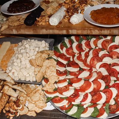 Grazing table with different food items.