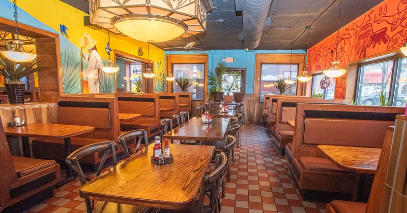Interior, dining area, tables ready for guests
