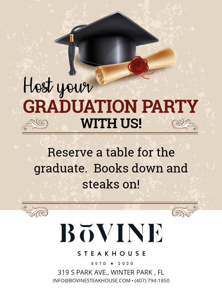 A call to action to book a table for a graduation party.  Decorated with a diploma and graduation cap.