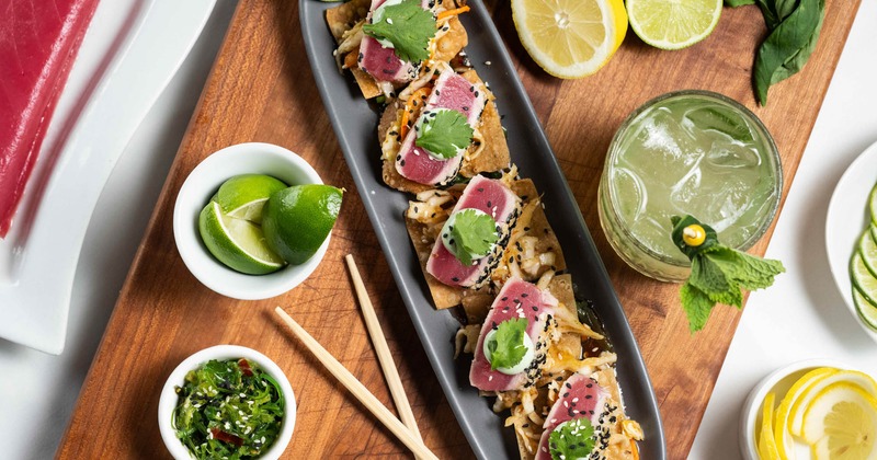 Served ahi tuna wontons and fresh fruits