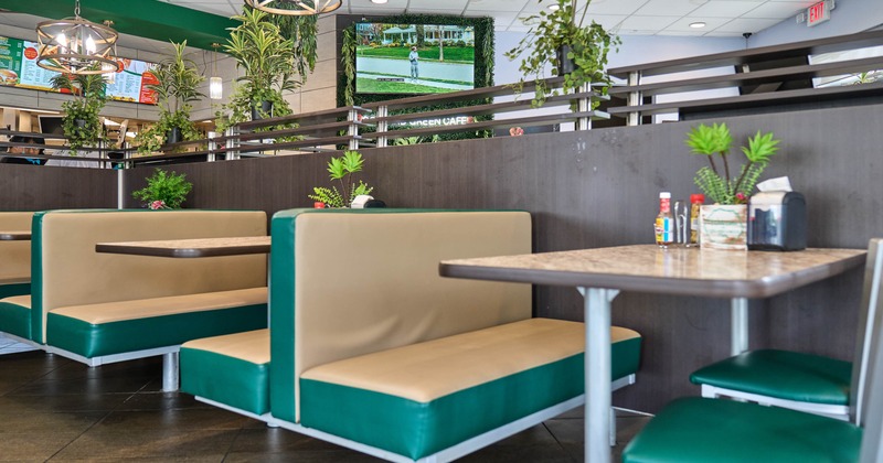 Interior, seating area with booths and tables