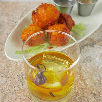 Pimento Cheese Hushpuppies and a drink.