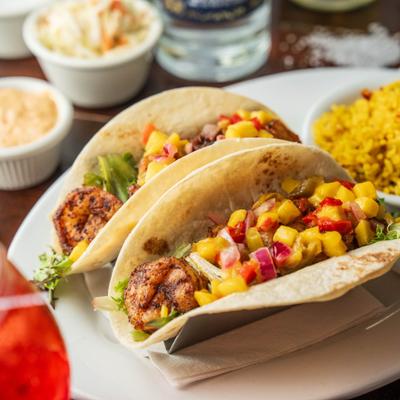 Blackened shrimp tacos with mango salsa.