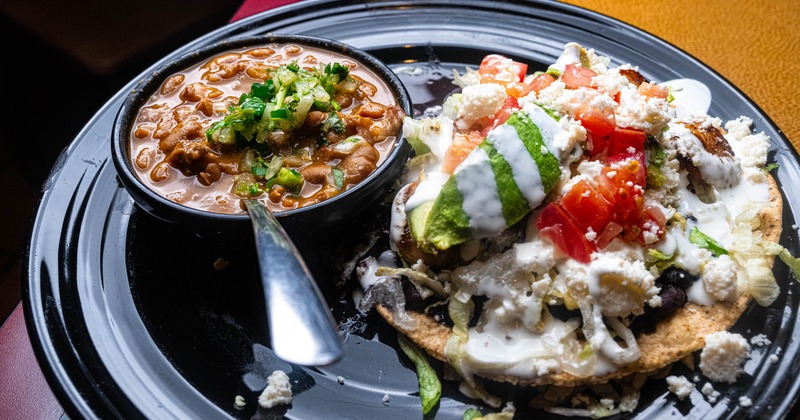 Shrimp tostada and beans