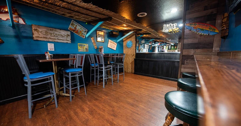 Interior, seating area with bar stools