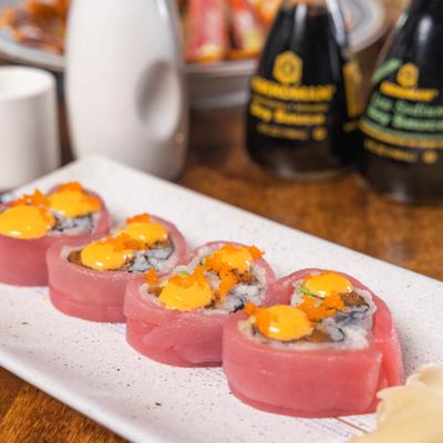 Heart shaped sushi rolls wrapped in tuna.