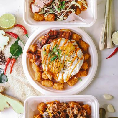 Multiple food plates, top view.