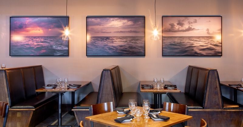 Dining space with tables and booths