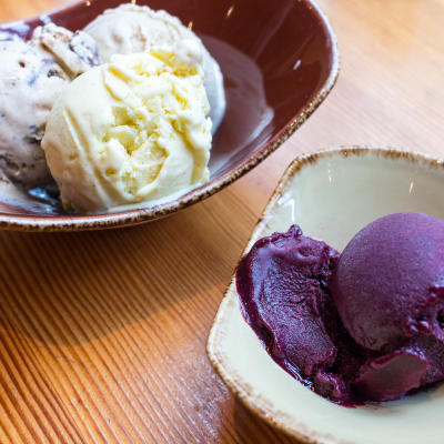 House made Gelato and caramel, vanilla, hazelnut, blueberry sorbet.