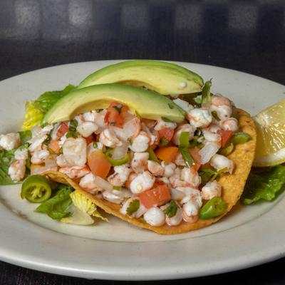 Crispy tortilla with shrimp ceviche and avocado.
