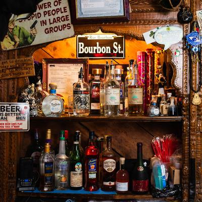 Bar shelves with spirits.