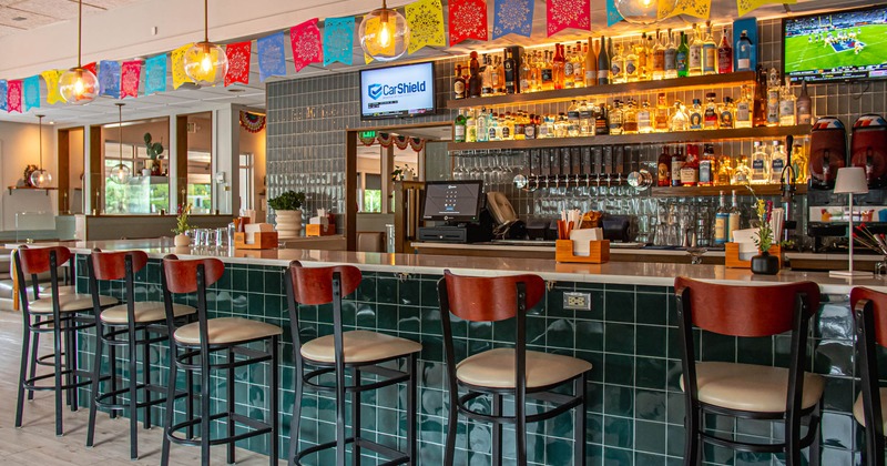 Interior, bar area, bar and bar stools