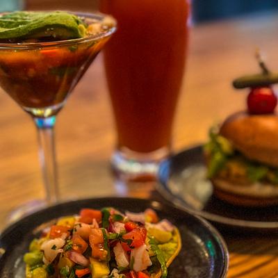 Happy Hours shrimp cocktail, happy hour shrimp tostada, happy hour, beef slider, happy hour michelada.