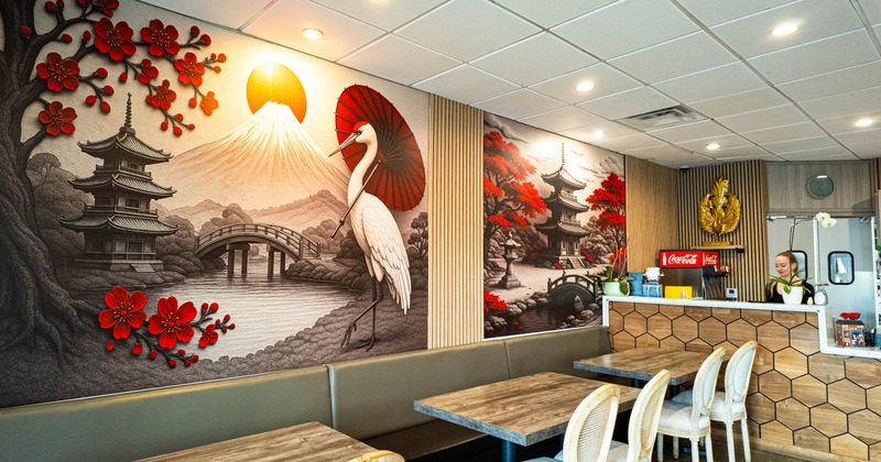 Restaurant interior with Asian-themed mural of a crane, pagoda, bridge, and cherry blossoms