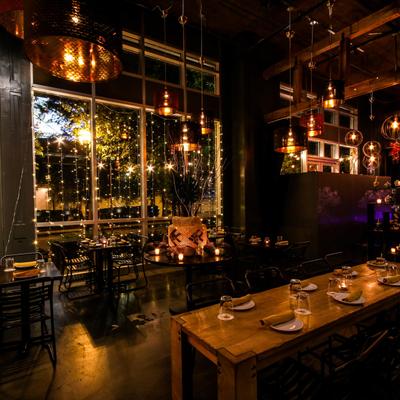 Restaurant interior, tables lined up