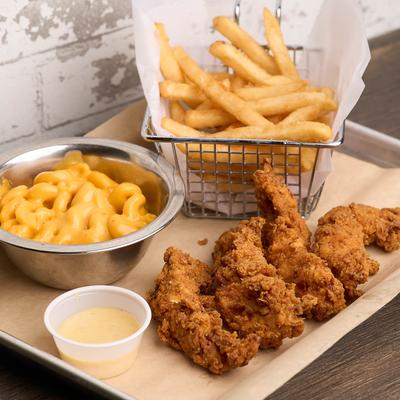 Chicken Tenders, Mac and Cheese, and fries.