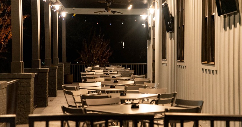 Covered seating area in front of the restaurant