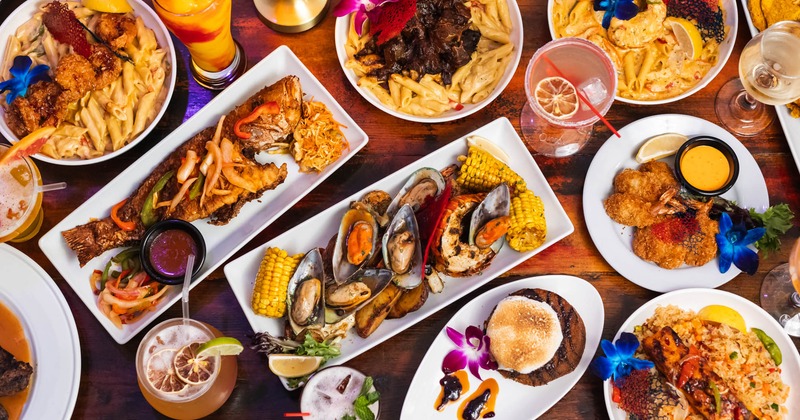 Assorted dishes on a table, top view