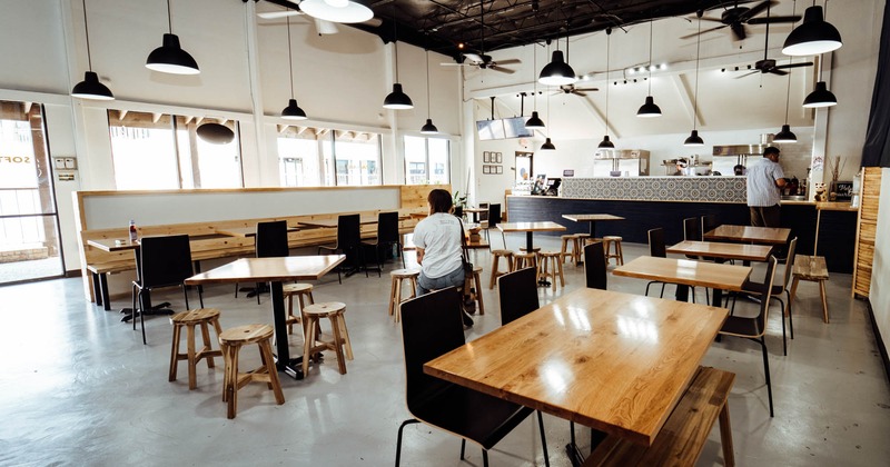 Interior, tables and seating, order counter