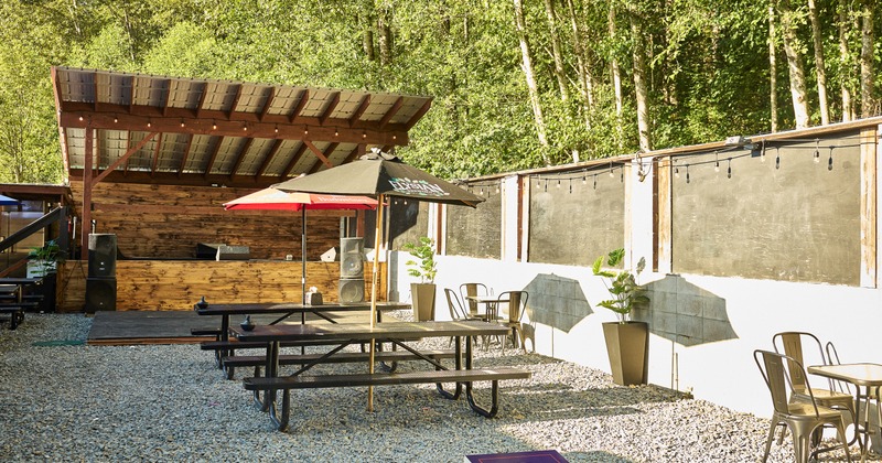 Exterior, tables, benches, parasols, wide view