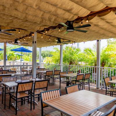 Outdoor patio with tables and seating.