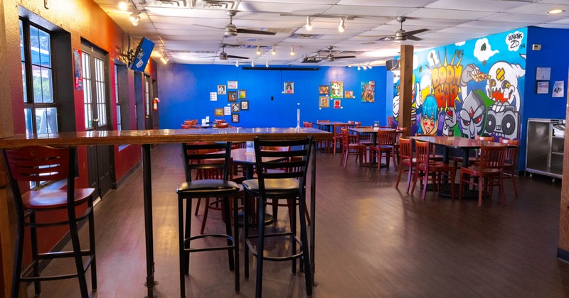 Interior seating area with chairs and tables