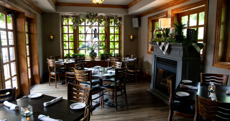 Dining area, tables by the fireplace