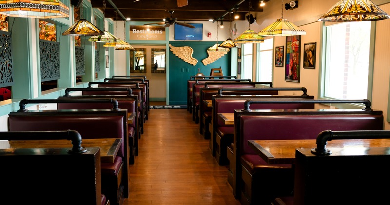 Diner area, booths, tables, wide view