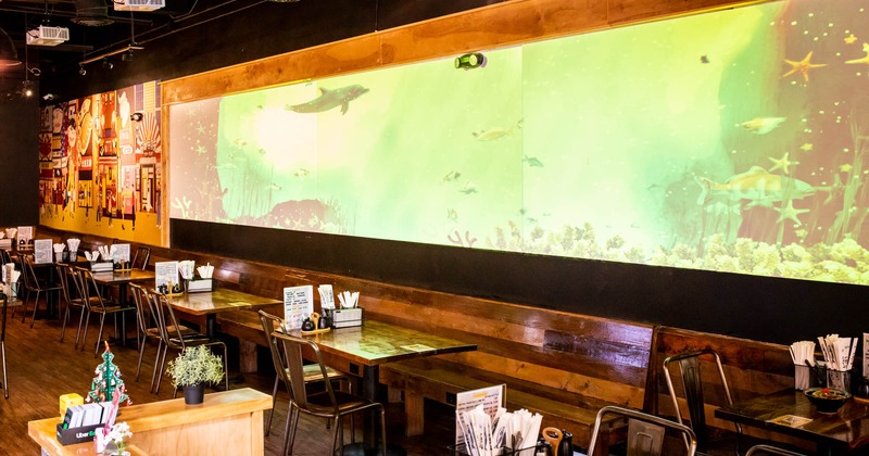 Dining tables and seating, wide view