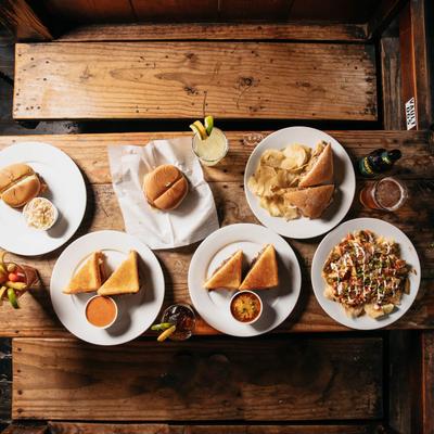 Various dishes, flat lay view